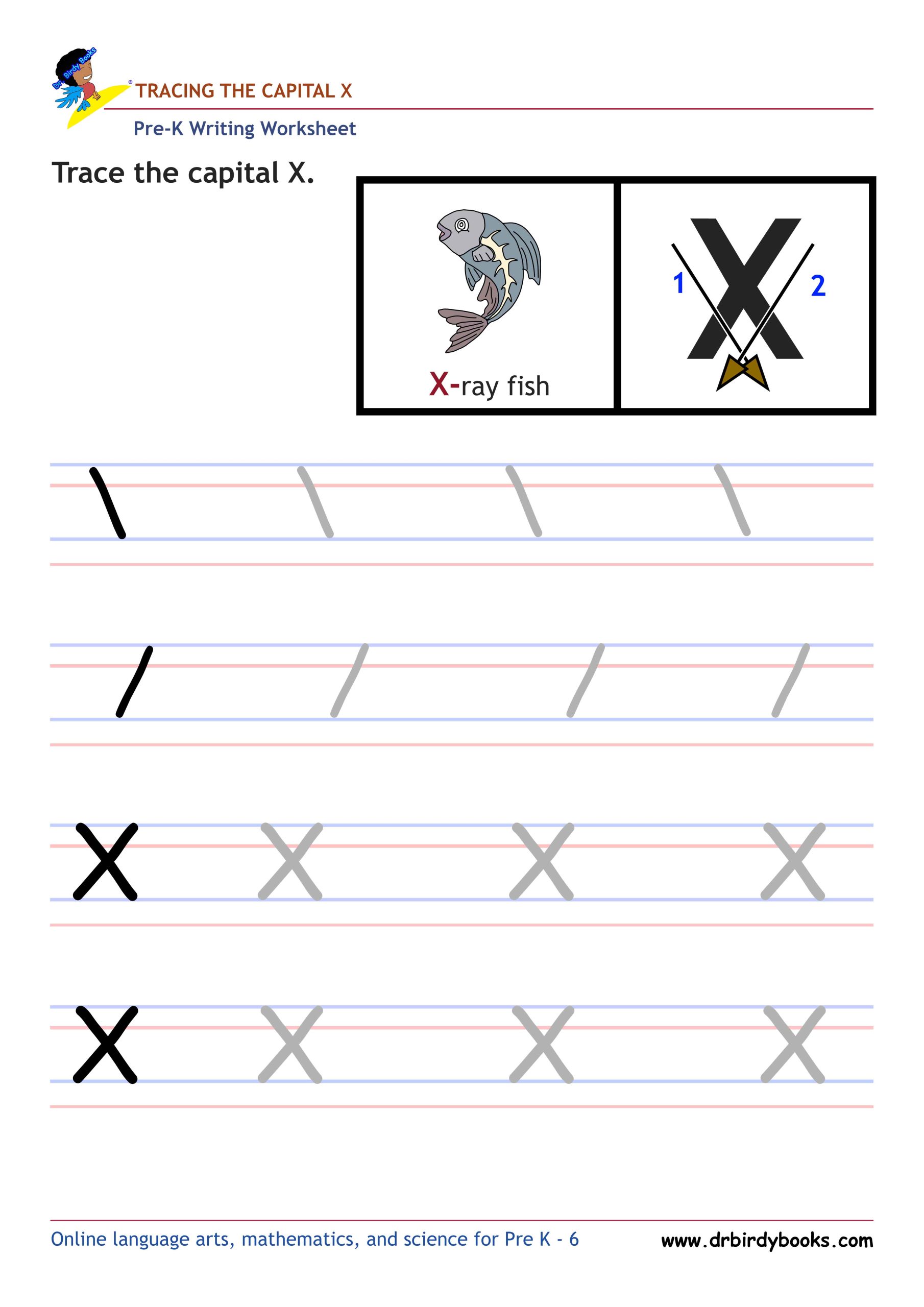 Pre K Writing ABCs Worksheet showing letter strokes and complete letters.