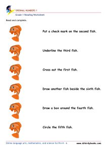 Grade 1 Reading Ordinal Numbers Worksheet showing various items with instructions for identifying ordinal numbers.