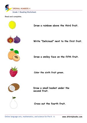 Grade 1 Reading Ordinal Numbers Worksheet showing various items with instructions for identifying ordinal numbers.