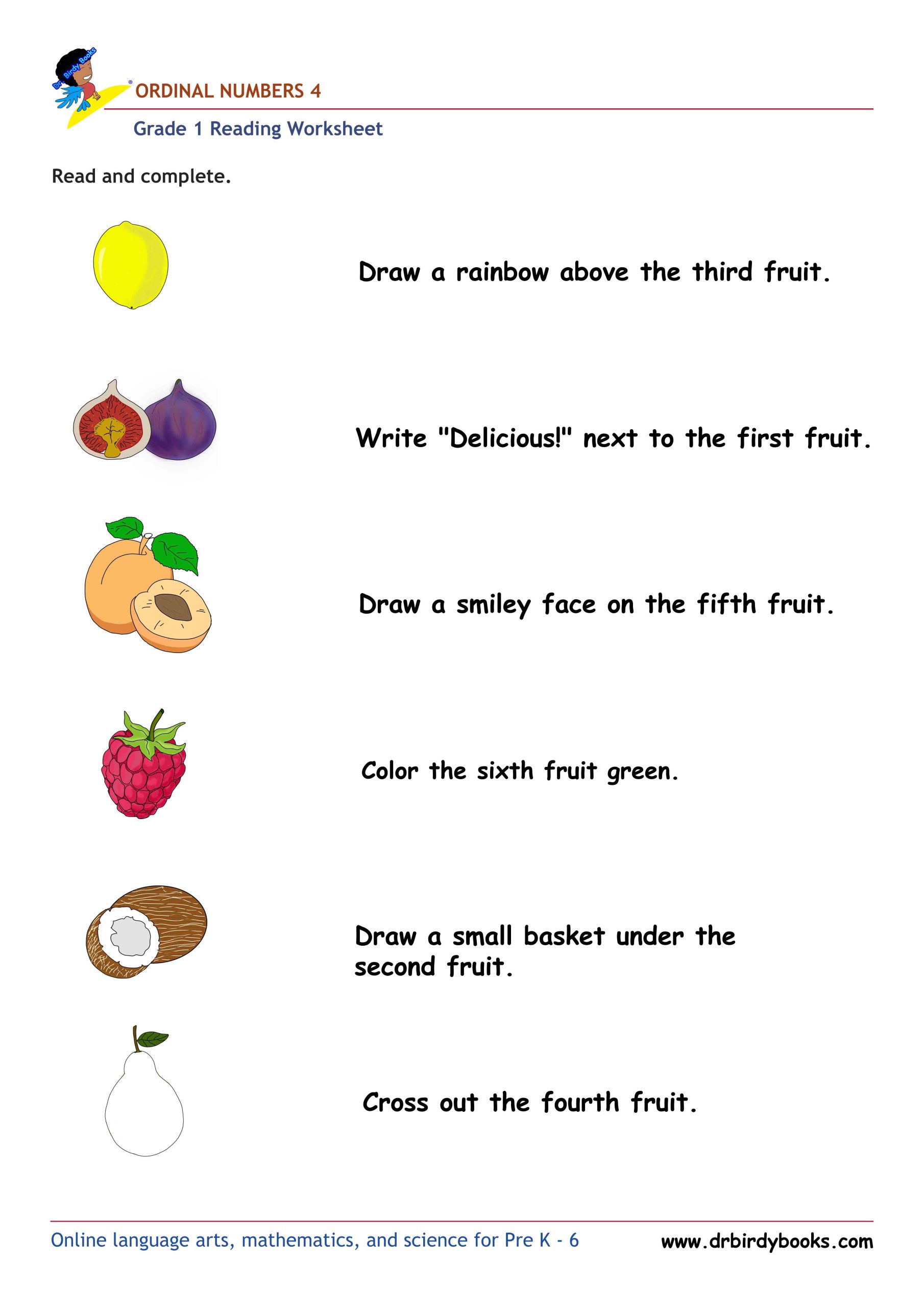 Grade 1 Reading Ordinal Numbers Worksheet showing various items with instructions for identifying ordinal numbers.