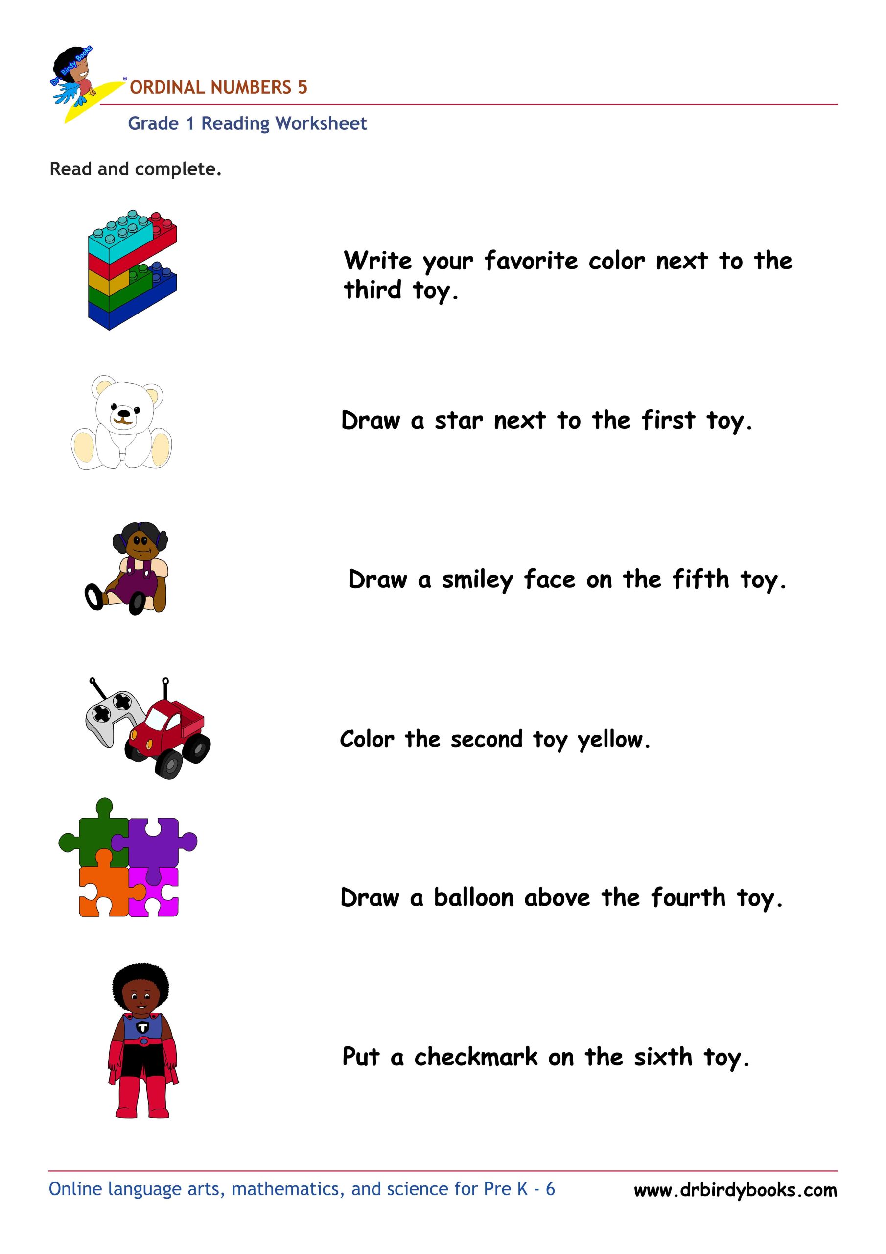 Grade 1 Reading Ordinal Numbers Worksheet showing various items with instructions for identifying ordinal numbers.