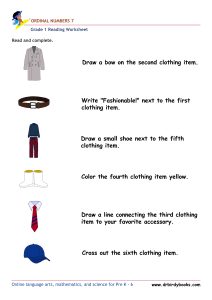 Grade 1 Reading Ordinal Numbers Worksheet showing various items with instructions for identifying ordinal numbers.