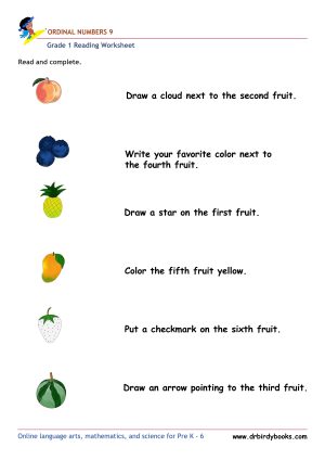 Grade 1 Reading Ordinal Numbers Worksheet showing various items with instructions for identifying ordinal numbers.