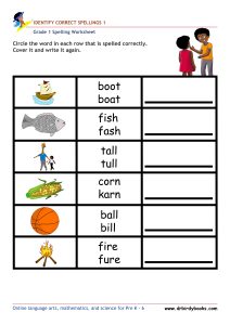 Grade 1 Spelling Identify Correct Spellings Worksheet featuring a picture and words for spelling practice