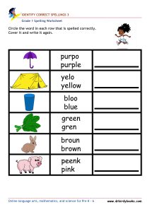 Grade 1 Spelling Identify Correct Spellings Worksheet featuring a picture and words for spelling practice