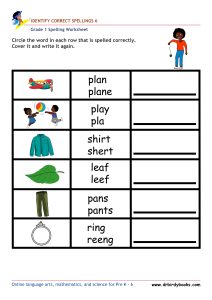 Grade 1 Spelling Identify Correct Spellings Worksheet featuring a picture and words for spelling practice