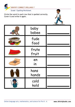 Grade 1 Spelling Identify Correct Spellings Worksheet featuring a picture and words for spelling practice