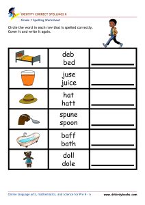 Grade 1 Spelling Identify Correct Spellings Worksheet featuring a picture and words for spelling practice