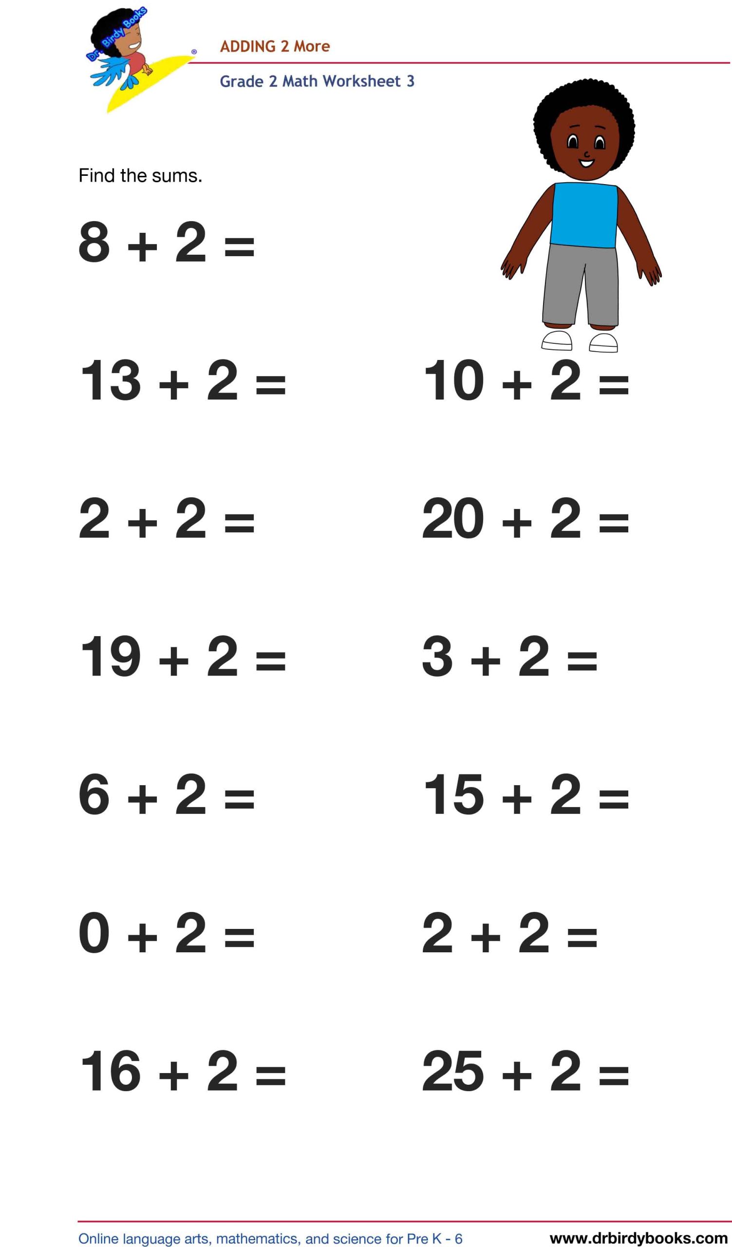 Grade 2 Math Adding 2 More Worksheet featuring addition problems like 17 + 2.