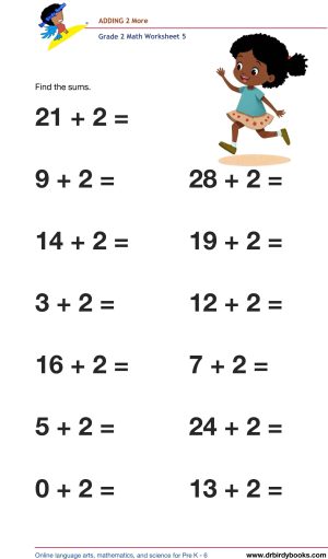 Grade 2 Math Adding 2 More Worksheet featuring addition problems like 17 + 2.