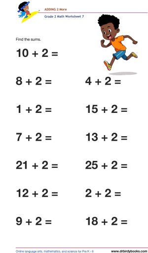 Grade 2 Math Adding 2 More Worksheet featuring addition problems like 17 + 2.