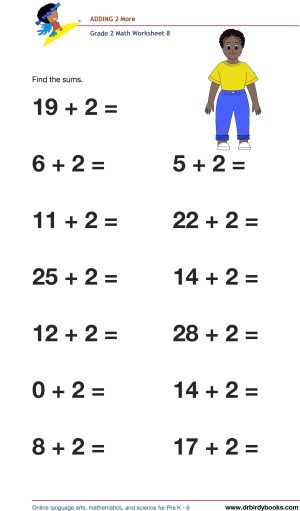 Grade 2 Math Adding 2 More Worksheet featuring addition problems like 17 + 2.