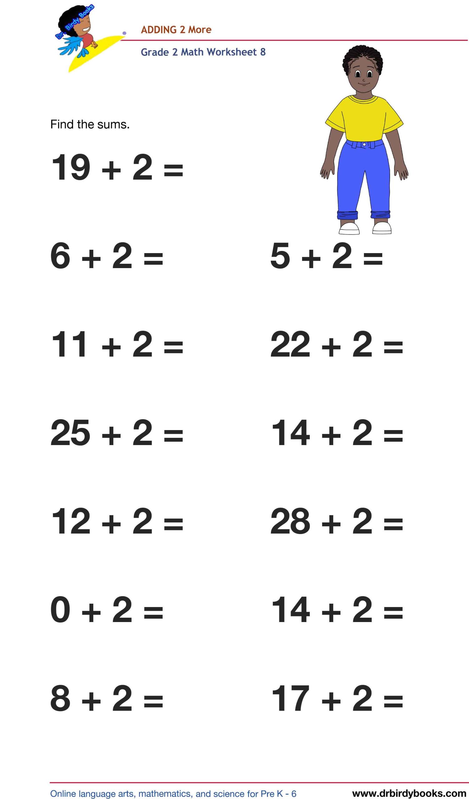 Grade 2 Math Adding 2 More Worksheet featuring addition problems like 17 + 2.