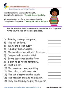 Grade 4 Grammar and Writing Sentences and Fragments Worksheet showing examples of sentences and fragments.