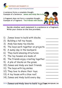 Grade 4 Grammar and Writing Sentences and Fragments Worksheet showing examples of sentences and fragments.