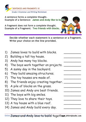 Grade 4 Grammar and Writing Sentences and Fragments Worksheet showing examples of sentences and fragments.