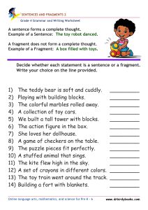 Grade 4 Grammar and Writing Sentences and Fragments Worksheet showing examples of sentences and fragments.