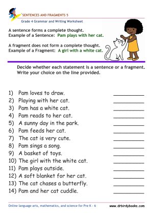 Grade 4 Grammar and Writing Sentences and Fragments Worksheet showing examples of sentences and fragments.
