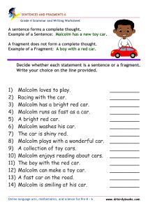 Grade 4 Grammar and Writing Sentences and Fragments Worksheet showing examples of sentences and fragments.