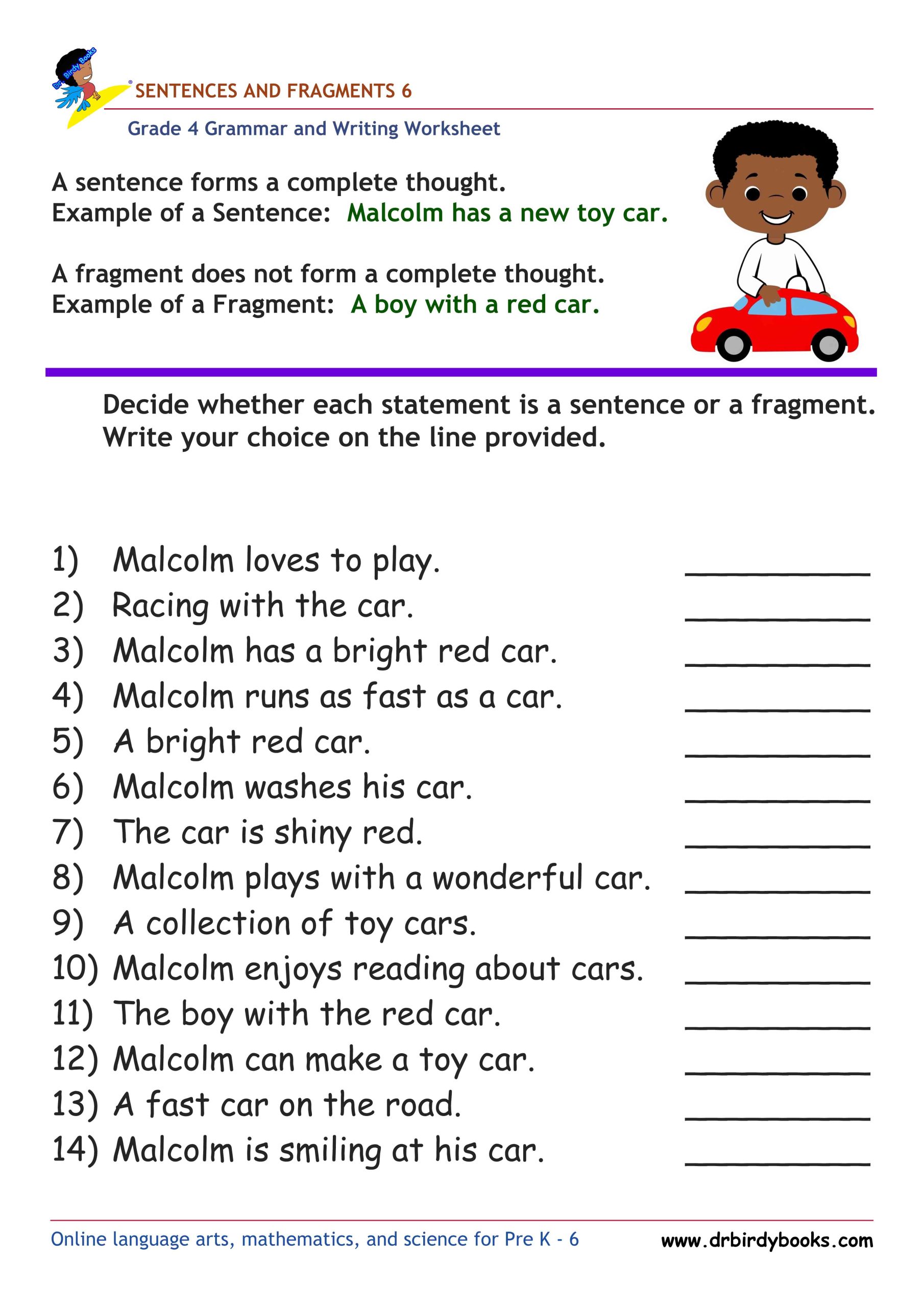 Grade 4 Grammar and Writing Sentences and Fragments Worksheet showing examples of sentences and fragments.
