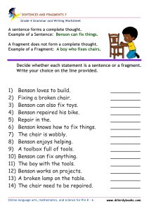 Grade 4 Grammar and Writing Sentences and Fragments Worksheet showing examples of sentences and fragments.