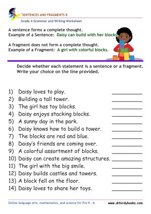 Grade 4 Grammar and Writing Sentences and Fragments Worksheet showing examples of sentences and fragments.