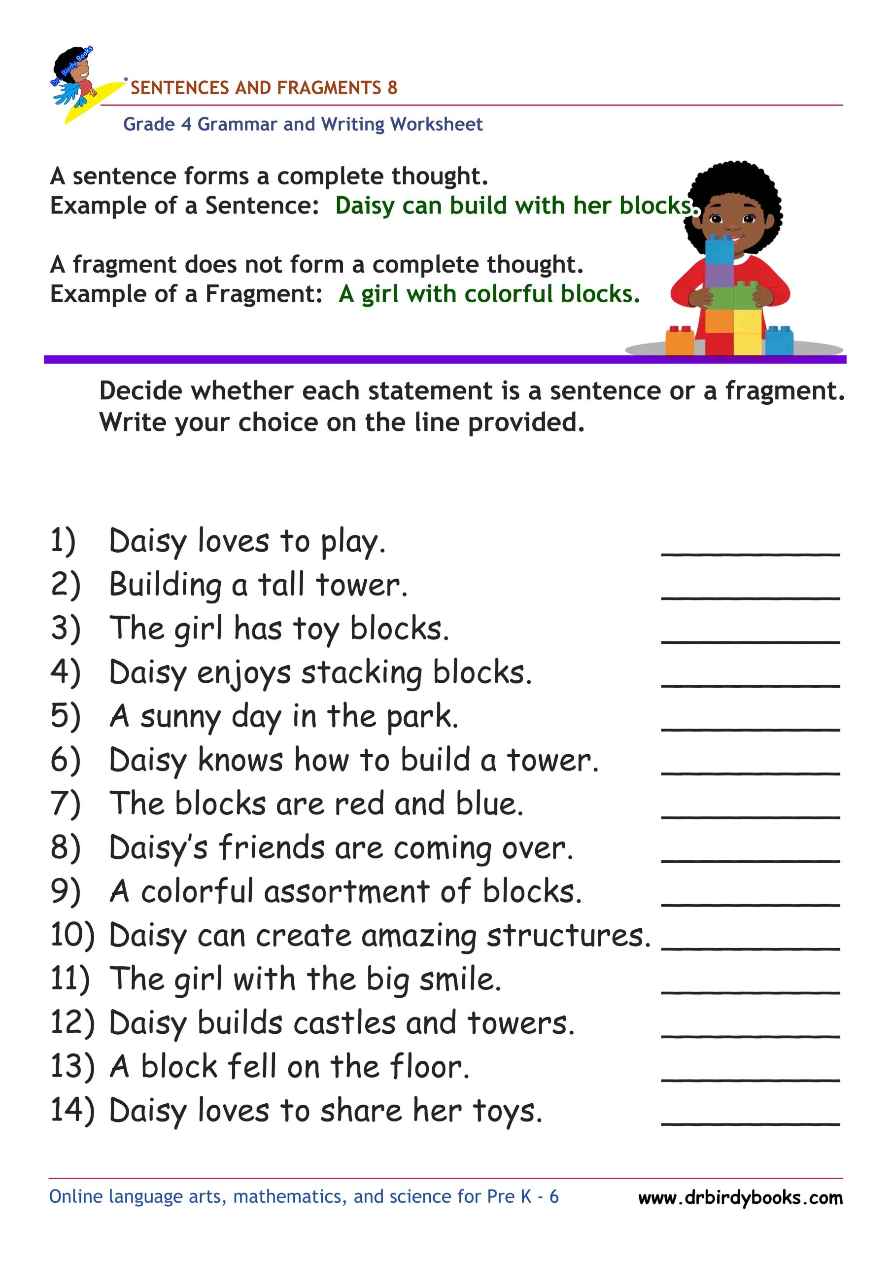 Grade 4 Grammar and Writing Sentences and Fragments Worksheet showing examples of sentences and fragments.