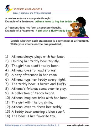 Grade 4 Grammar and Writing Sentences and Fragments Worksheet showing examples of sentences and fragments.