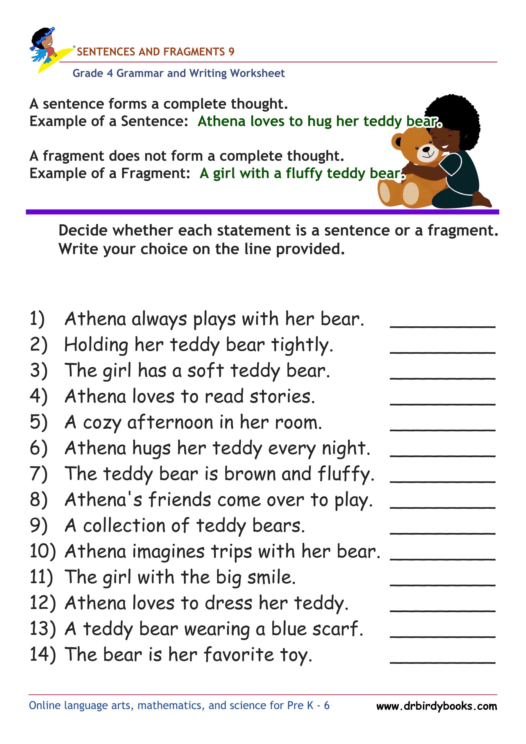 Grade 4 Grammar and Writing Sentences and Fragments Worksheet showing examples of sentences and fragments.