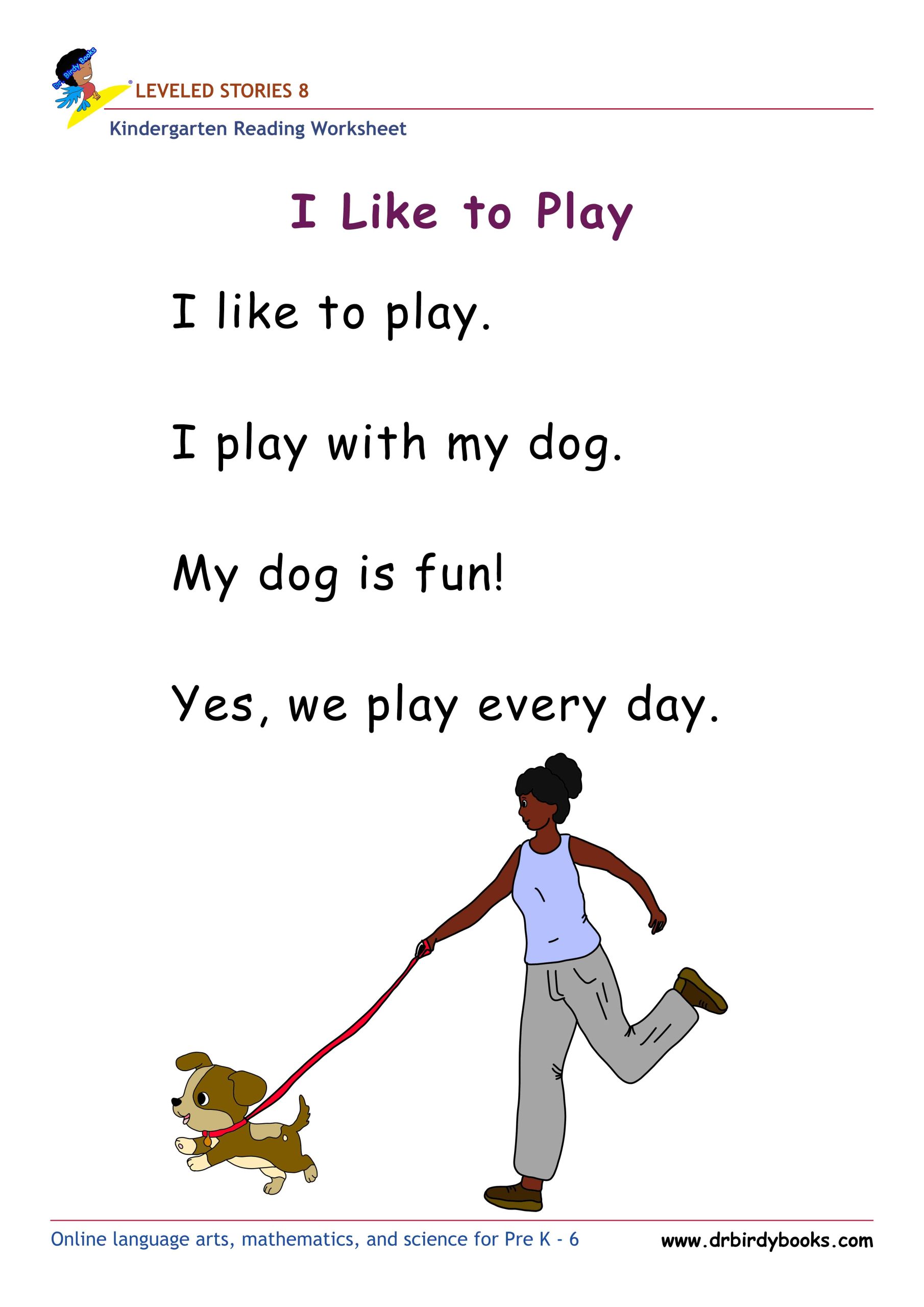 Kindergarten leveled stories worksheet for early readers featuring stories, questions, and drawing activities.