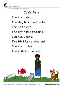 Kindergarten leveled stories worksheet for early readers featuring stories, questions, and drawing activities.