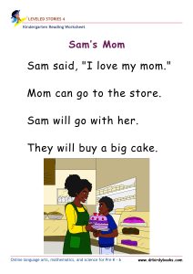 Kindergarten leveled stories worksheet for early readers featuring stories, questions, and drawing activities.