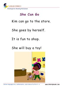 Kindergarten leveled stories worksheet for early readers featuring stories, questions, and drawing activities.