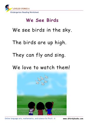 Kindergarten leveled stories worksheet for early readers featuring stories, questions, and drawing activities.