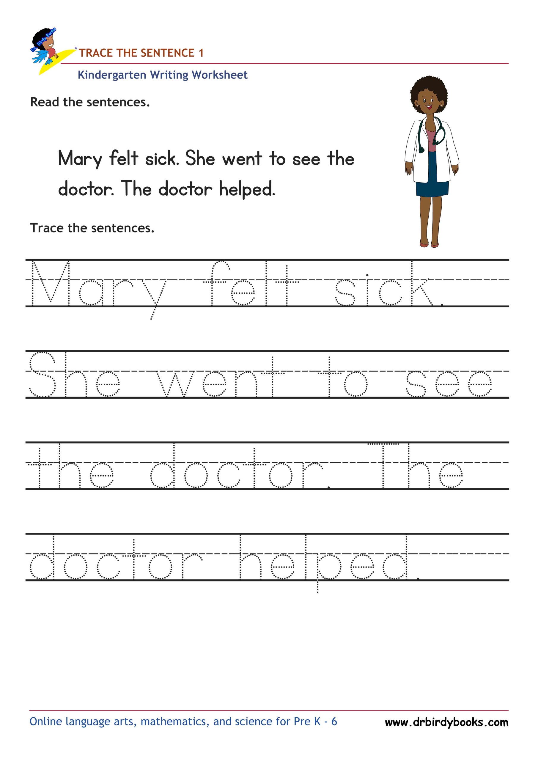 Kindergarten Writing Trace the Sentence Worksheet for improving writing skills
