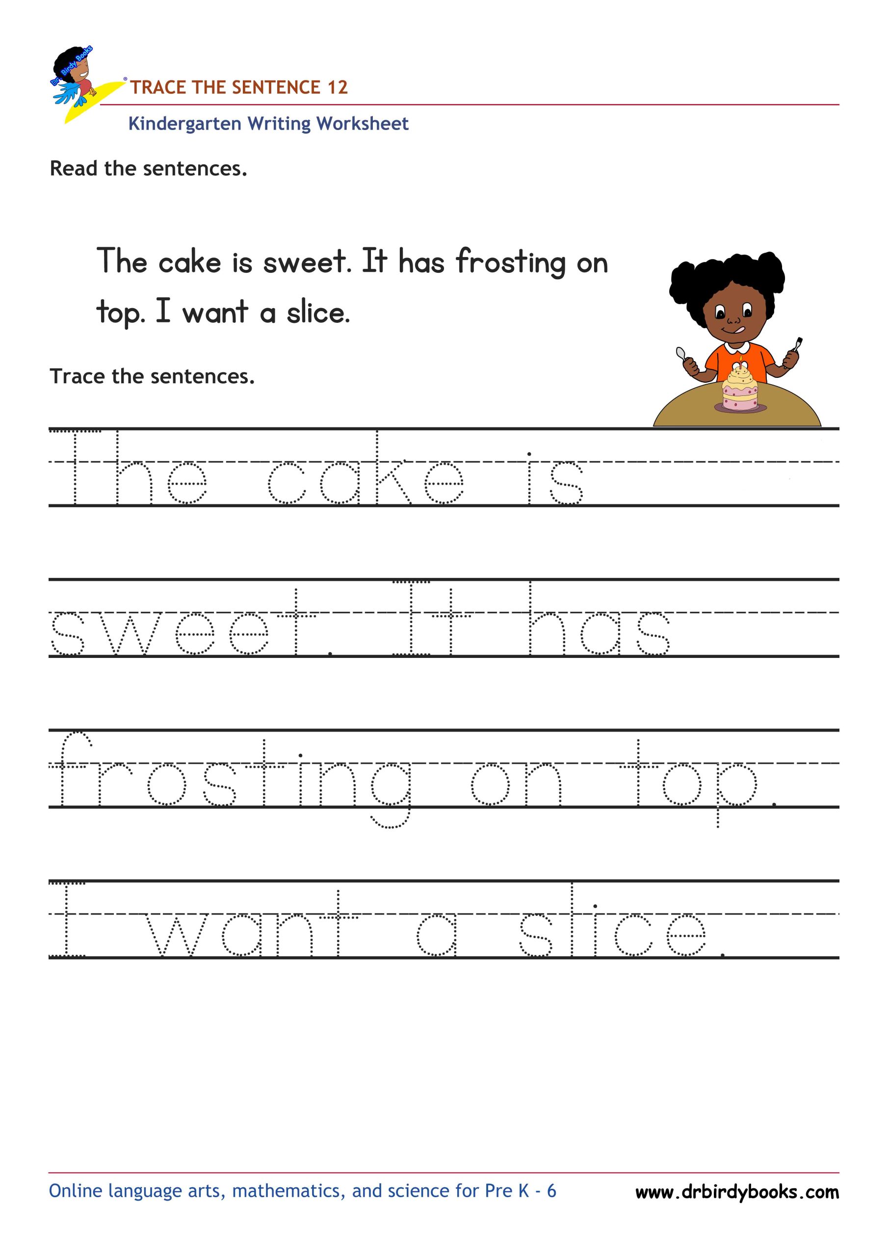 Kindergarten Writing Trace the Sentence Worksheet for improving writing skills