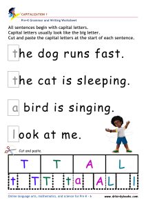 Pre K Capitalization Worksheet showing a sentence with a lowercase letter and letter choices for students to cut and paste.