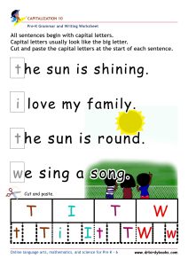 Pre K Capitalization Worksheet showing a sentence with a lowercase letter and letter choices for students to cut and paste.