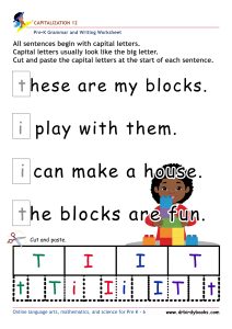 Pre K Capitalization Worksheet showing a sentence with a lowercase letter and letter choices for students to cut and paste.