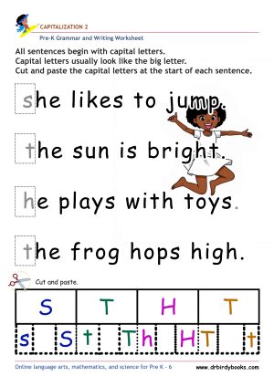 Pre K Capitalization Worksheet showing a sentence with a lowercase letter and letter choices for students to cut and paste.