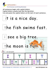 Pre K Capitalization Worksheet showing a sentence with a lowercase letter and letter choices for students to cut and paste.