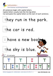 Pre K Capitalization Worksheet showing a sentence with a lowercase letter and letter choices for students to cut and paste.