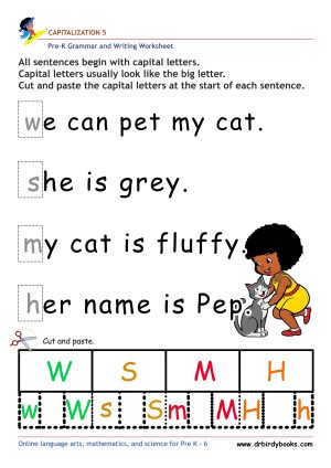 Pre K Capitalization Worksheet showing a sentence with a lowercase letter and letter choices for students to cut and paste.