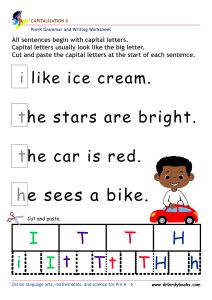 Pre K Capitalization Worksheet showing a sentence with a lowercase letter and letter choices for students to cut and paste.