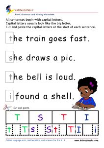 Pre K Capitalization Worksheet showing a sentence with a lowercase letter and letter choices for students to cut and paste.