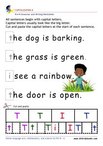 Pre K Capitalization Worksheet showing a sentence with a lowercase letter and letter choices for students to cut and paste.
