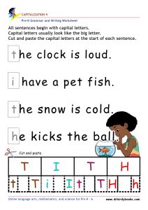 Pre K Capitalization Worksheet showing a sentence with a lowercase letter and letter choices for students to cut and paste.