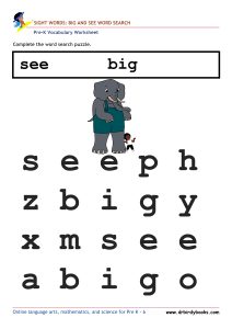 Pre K Vocabulary Word Search Puzzles Worksheet featuring simple words like "the" and "can."