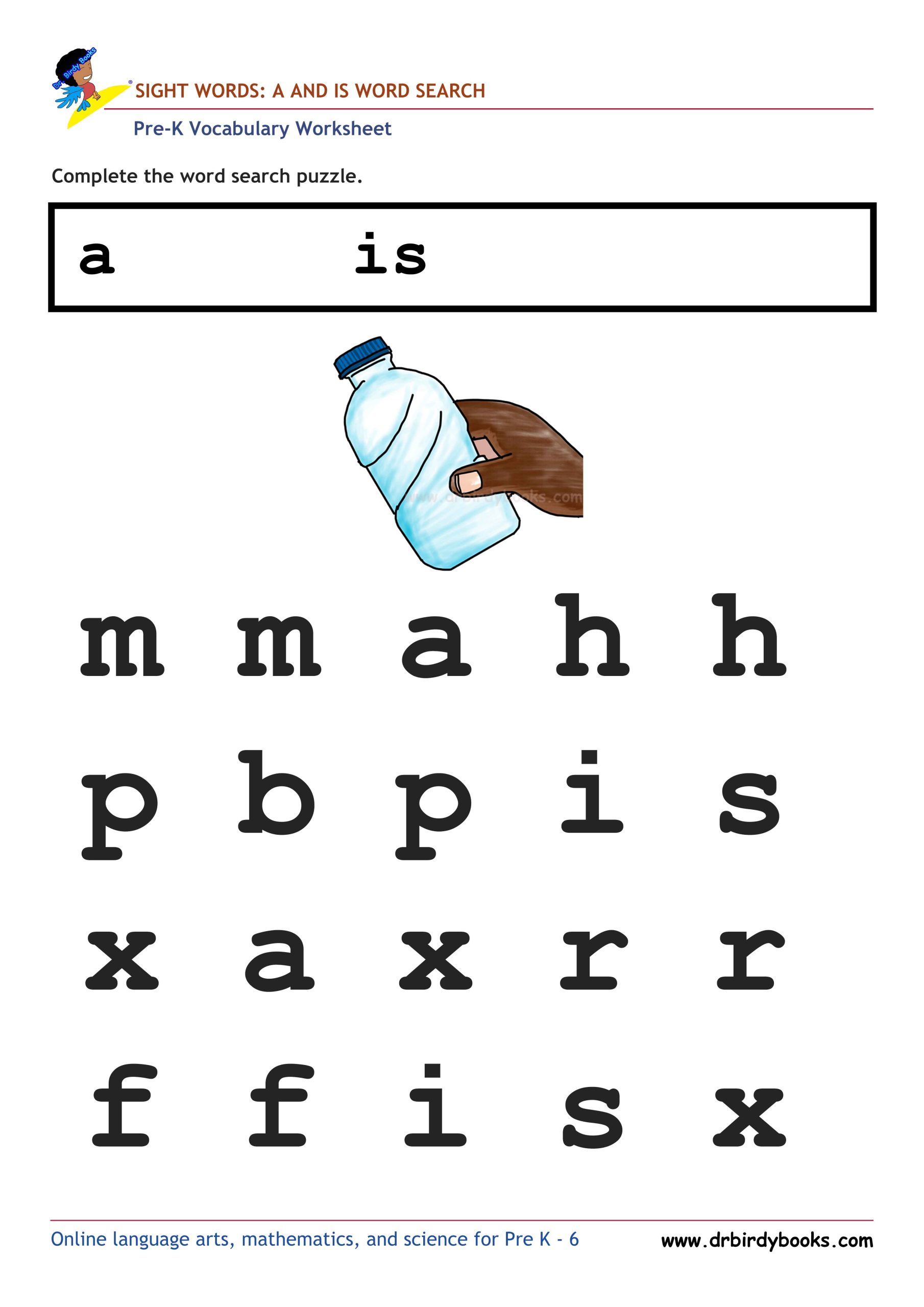 Pre K Vocabulary Word Search Puzzles Worksheet featuring simple words like "the" and "can."