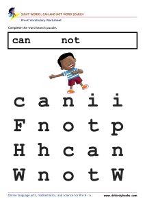 Pre K Vocabulary Word Search Puzzles Worksheet featuring simple words like "the" and "can."